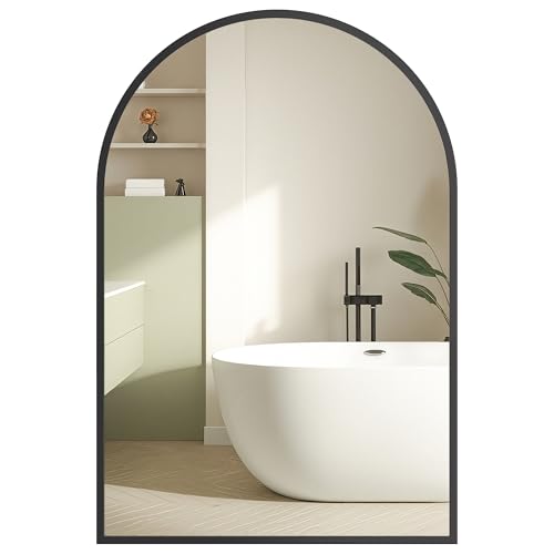 SONGMICS Espejo de Baño, Espejo de Pared, Arqueado, Marco de Aluminio, 91 x 61 cm, Lámina de Seguridad, Montaje Fácil, para Salón, Dormitorio, Negro Tinta LWM011BD01