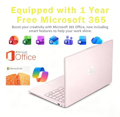 Image of HP Ultra Thin 14 inch Laptop with Copilot, Intel N150, 16GB RAM, 256GB(128GB eMMC+128GB SD Card) • HUB • Mouse, Windows 11S, 1-Year Office 365, Lightweight Tranquil Pink Notebook for Work & School