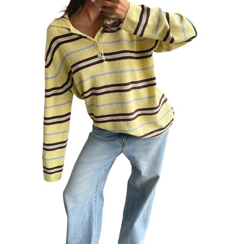 Womens Fall Winter Knit Tops Loose Fit Casual Striped Ribbed Trim Long Sleeve Sweatshirt Sweater Blouse Streetwear