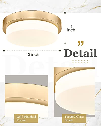 Image of 13 inch Gold LED Flush Mount Ceiling Light, 24W, 5CCT | Milk Glass, 2200LM, 2700K /3000K /4000K /5000K /6000K, Close to Ceiling Light Fixtures for Bedroom Hallway Kitchen, AD-22008-L-GD