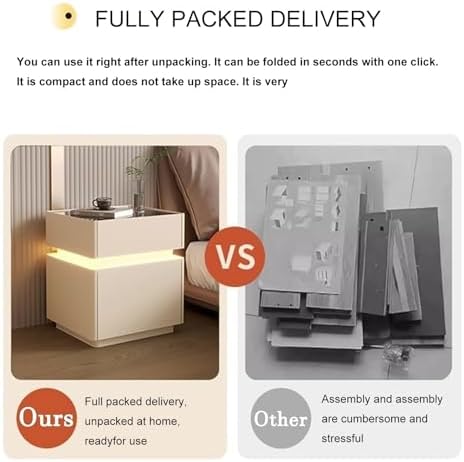 Smart Bedroom Nightstand with Charging Station & Fingerprint Lock, Modern 3-Drawer Side Table with LED Light for Bedroom & Living Room, Black (40cm/15.7in)