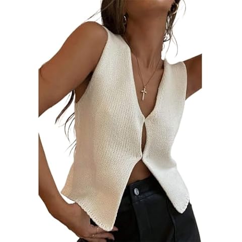Women Crochet Vest Top Y2k Knit V Neck Sleeveless Button Down Vintage Casual Streetwear White M Cover