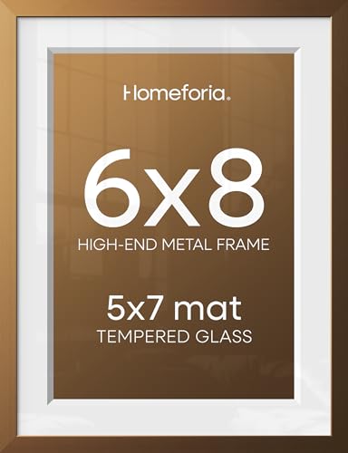 Image of Homeforia 6x8 Bronze Picture Frame, High-End Metal, 5x7 Mat, Glass | High End Aluminum, Tempered Glass, Acid-Free 5x7 Removable Mat, 6x8 in Edge-to-Edge Display 8x6, Wall Kit, Set Of 2