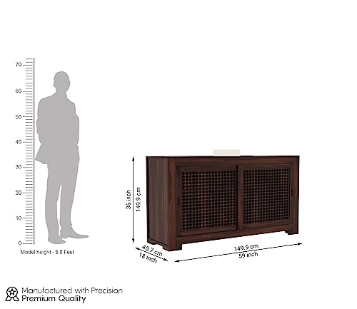 Image of Solid Sheesham Wood Wooden Sideboard Storage Cabinet : Ideal for Living Room and Bedroom with Without Drawers and 6-Shelf Storage (Hagborg, Walnut Finish)