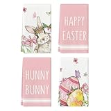 Artoid Mode Pink Bunny Rabbit Eggs Floral Happy Easter Kitchen Towels Dish Towels, 18x26 Inch Seasonal Decoration Hand Towels Set of 4