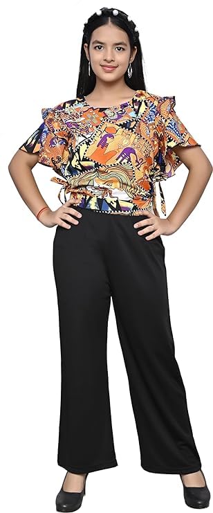 Image of Girls /Kids Printed Floral Designer Top and Palazzo Set Crop Top and Palazzo Set Printed /Fancy Palazzo and top Set for Girls with tie in Waist