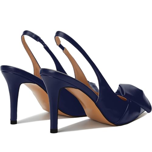 Image of Women's Slingback Heels with Bow Leather Pointed Toe Pumps with Elasticated Strap 3.3 inch High Heels Evening Comfy Dress Shoes Navy Blue Size 9.5