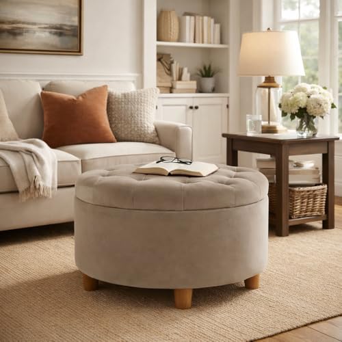 Image of HomePop 28 inch Button Tufted Velvet Round Storage Ottoman - Fawn Velvet