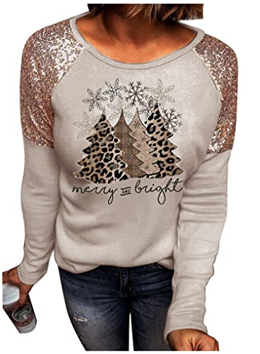 Lanmertree Leopard Christmas Trees Snowflake Sequined Splicing Blouse T Shirts For Women Xmas Vacation Casual Long Sleeve Tees Tops cover
