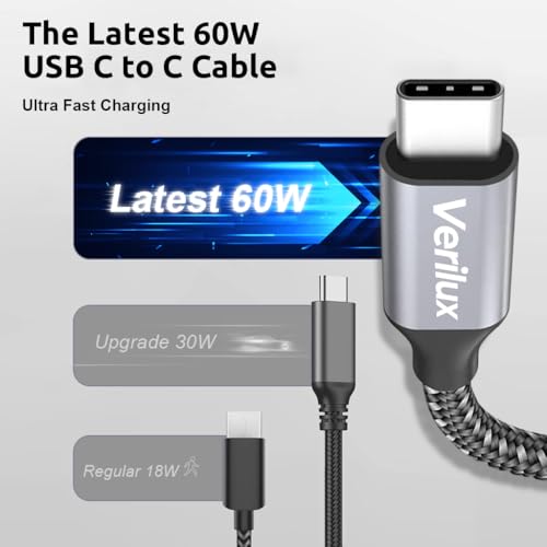 Image of Verilux 3M /9.8Ft Type C to Type C Cable, PD 60W Fast Charging USB C Cable, 480Mbps Data Transfer Cable Nylon Braided C to C Type for iPhone 17 /16 /15, Galaxy S25 /S24 /S23, MacBook, iPad