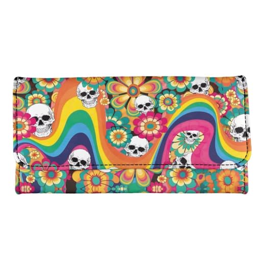 Image of AFPANQZ Wallets for Women Leather Credit Card Holder with RFID Blocking, Hippie Flower Skull Large Capacity Wristlet with RFID Blocking
