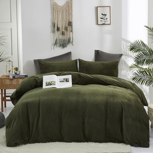 Cottonight Juego de edredón de terciopelo verde militar, tamaño Queen, color verde oliva, mullido, juego de ropa de cama tamaño matrimonial, edredón moderno de invierno cálido de 3 piezas para mujeres