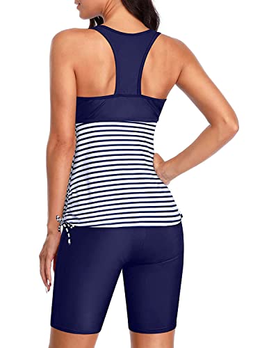 Yonique Women Two Piece Tankini Swimsuits With Shorts Athletic Bathing Suit With Swim Shorts Racerback Swimwear Blue Striped L thumb #1