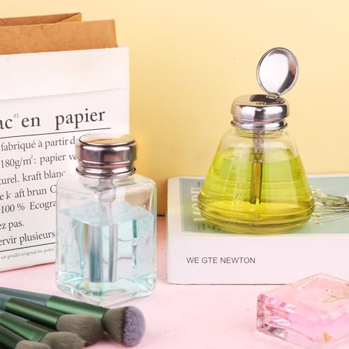 Asany 4 Pcs Clear Glass Bottle with Metal Flip Cover - 6 Oz/ 180 ml Push Down Pump Dispenser for Nail Polish and Makeup Remover 6