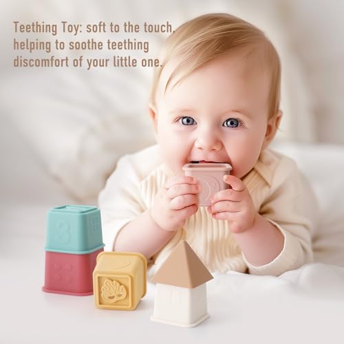 Yiveko BY2403 Baby Stacking Cups Toy, Silicone Baby Stacking Tower, Silicone Soft Teething Toy Educational Baby Toys, Baby Building Toys Blocks, 6 Months+, 8 Pcs Set-Vintage thumb #1
