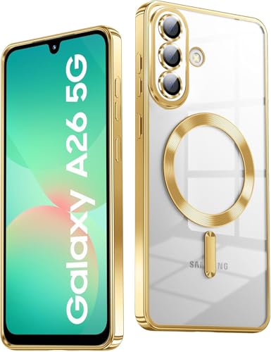 Image of VONZEE Clear Logo Electroplating Transparent Case for Samsung Galaxy A26 5G, Magnetic Plating Electroplate TPU Cover, Individual Camera Protection for Each Lens- Gold