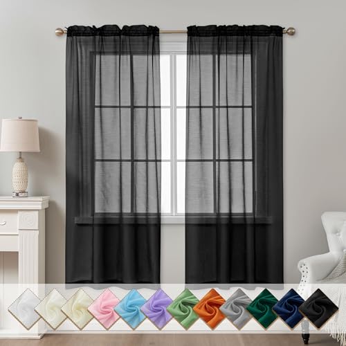 Image of Black Sheer Curtains 72 Inches Long, Privacy Semi Sheer Curtains for Living Room Bedroom, Light Filtering Rod Pocket Voile Window Drapes 2 Panels Set, Each 42 inch W x 72 inch L