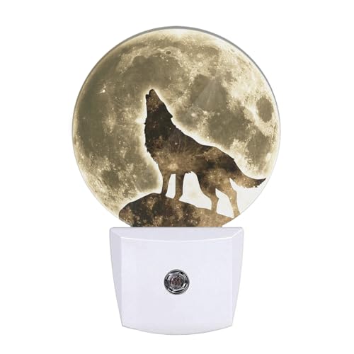 Image of EKOBLA Black Wolf Night Light, Wolf on Cliff Under Full Moon Night Lights Plug Into Wall with Auto Sensor for Bedroom and Staircase
