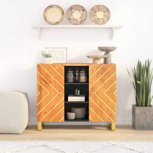 CKioict Aparador para salón, comedor, armario, pasillo, mueble auxiliar, color marrón y negro, 90 x 33,5 x 75 cm, madera maciza de mango, para entrada, pasillo, salón