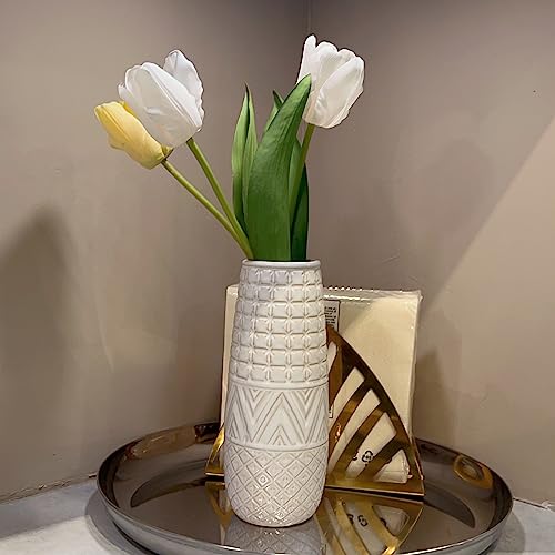 Ceramic Vases For Flowers, 8" H Modern Rustic Vase For Home Decor Bouquet Pampas Grass Beige Off-White Farmhouse Distressed Embossed Vase For Shelf, Home Accents, Fireplace, Bedroom, Table Decoration #TOP2