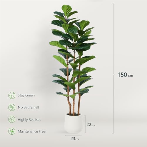 Kunstpflanze Fiddle Feigenbaum 150cm Künstliche Pflanzen Groß,Plastikpflanzen mit Weiß Topf für Home Decor Zimmerdeko Schlafzimmer Dekoration(1Pack) – Bild 3
