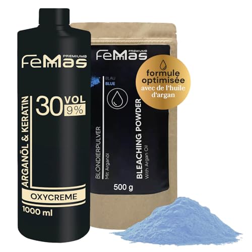 Kit décoloration FeMmas 9% I Poudre décolorante bleue 500g et Crème oxycrème révélatrice 1000 ml I Kit parfait pour l'éclaircissement à domicile I Pour une décoloration jusqu'à 9 tons en qualité salon