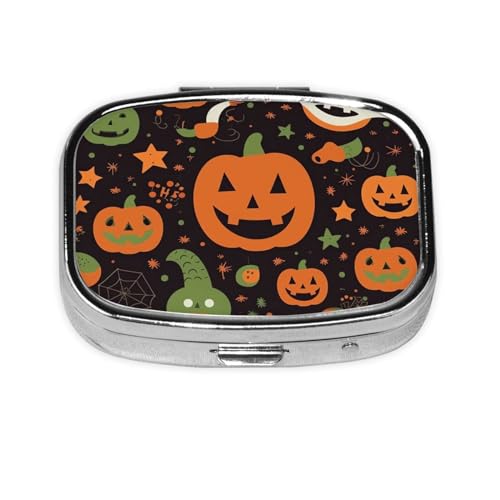 ピルボックス ハッピーハロウィン スクエア ピルケース ミニ メタル トラベル ピルボックス 財布用 小型 かわいい 2コンパートメント 薬 ピルオーガナイザー ポータブル ピルコンテナ ホルダー 毎日の薬 ビタミン