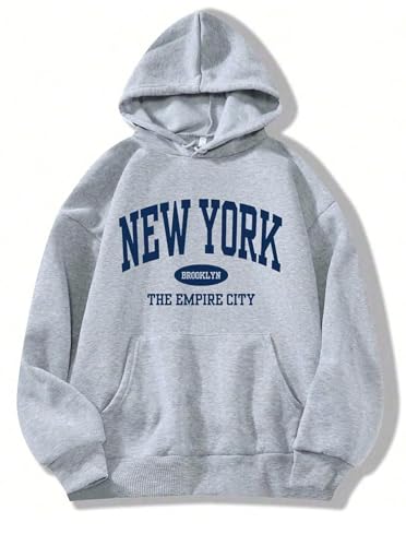 HDQHDQ Womens Cute Graphic Hoodies Drawstring Long Sleeve Pullover Sweatshirt with Pocket Fall Outfits Grey New York Large