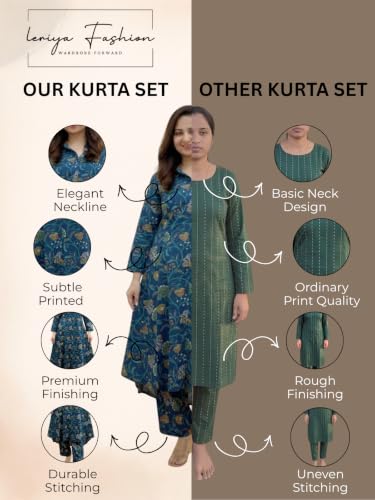 Image of Leriya Fashion Women's Cotton Printed A-Line Kurti Pant Set | Abstract Leaf & Floral Kurta with Trouser Pant | Casual Ethnic Co-ord Set for Women Stylish | Elegant Anarkali Style Tunic Kurta Set