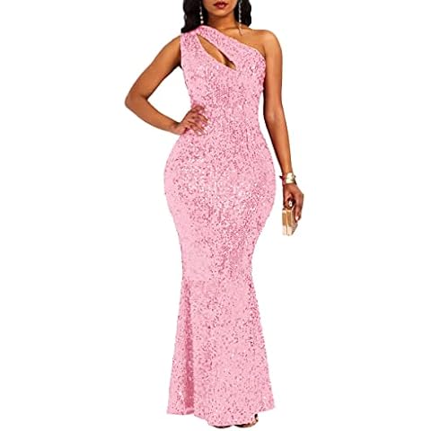 VERWIN Sequins Fashion Sleeveless Oblique Collar Mermaid Women's Maxi Dress Bodycon Dress Party Dress Pink L Cover