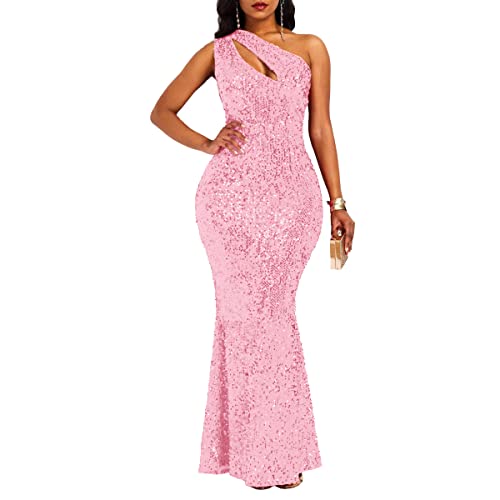 VERWIN Pailletten-Maxikleid für Damen, ärmellos, schräger Kragen, figurbetontes Kleid, Partykleid, Pink, Groß
