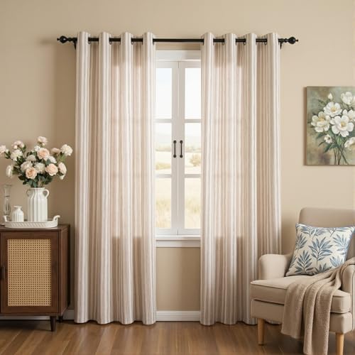 Image of MYSKY HOME Taupe Striped Linen Curtains 84 Inches Long Light Filtering Neutral Curtains for Bedroom Living Room Farmhouse Rustic Cottage Core Tan Ticking Patterned, Grommet, 2 Panels, 52 inch Wide