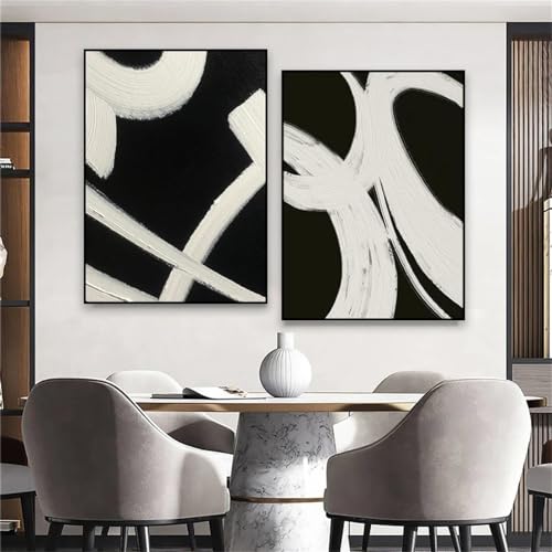 Peinture à l'huile abstraite KEBIA noir et blanc - Affiches minimalistes sur toile 40x60 cm