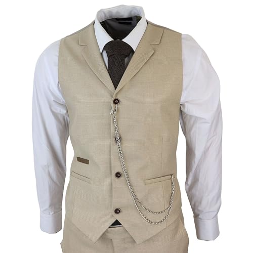 Mens 3 Piece Suit Prince of Wales Check Cream Beige Tailored Fit Vintage Wedding4
