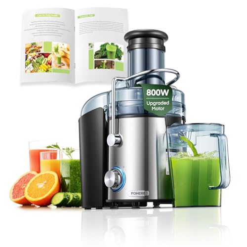 Juicer Machines, FOHERE 800W Juicer Whole Fruit and Vegetables, Quick Juicing Easy to Clean, 75MM Large Feed Chute, Dual Speed Setting and Non-Slip Feet, Silver