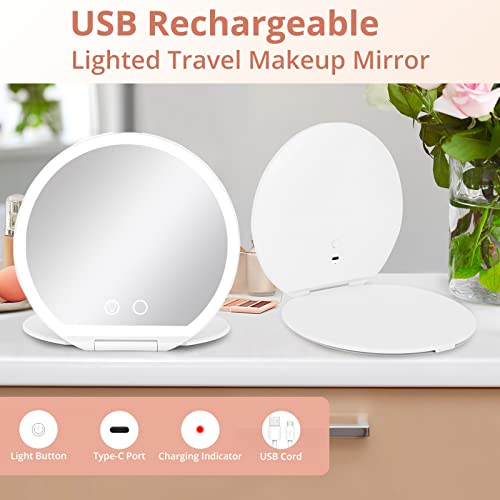 Fabuday Rechargeable Travel Makeup Mirror With Lights - Lighted Make Up Foldable Mirror With 3 Color Lighting, Ultra Thin Light Up Cosmetic Mirror With Bag, Touch Screen Adjustable Brightness Leds #TOP4