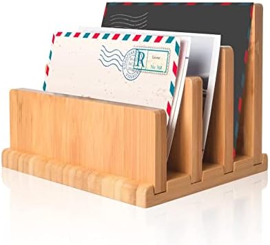 Bamboo Mail Organizer with Rubber Feets, wishacc Vertical Desk Letter/Envelope/File/Paper/Folder/Bill Holder for Office & Home, Small 3 Sections Desktop Office Supplies Incline Sorter Rack