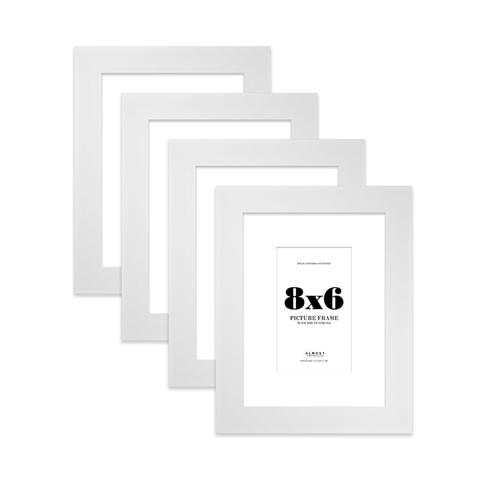 8x6" White Frame With Mount for 5x3" Pictures 28mm Edge Portrait and Landscape Display with Wall Hooks and Kickstand, 4 Pack