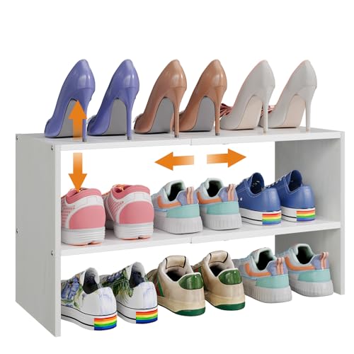 Image of X-cosrack 2-Tier Shoe Rack Organizer for Closet, Expandable and Adjustable White Shoe Rack, Stackable Iron Wood Combination Shoe Storage Shelves for Closets, Entryway, Small Space, Hallway, Garage