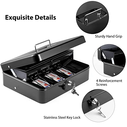 Wot I Cash Box With Money Tray, Steel Money Box With Key Lock, 11.8"L X 9.5"W Cash Lock Box With Tray Cover / 5 Coin Trays / 4 Bill Slots / 2 Keys (Black)) #TOP3