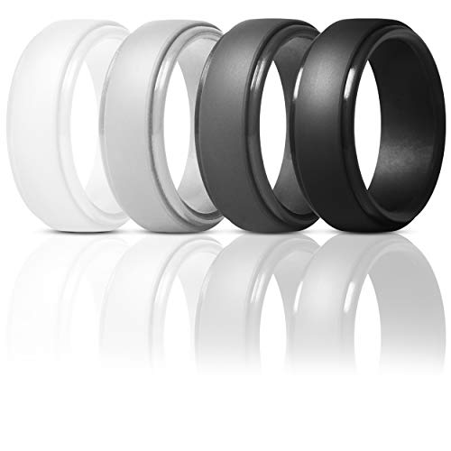 Men's Silicone Ring, Step Edge Rubber Wedding Band, 10mm Wide, 2.5mm Thick (White, Light Grey, Black, Dark Grey, 9.5-10 (19.8mm))