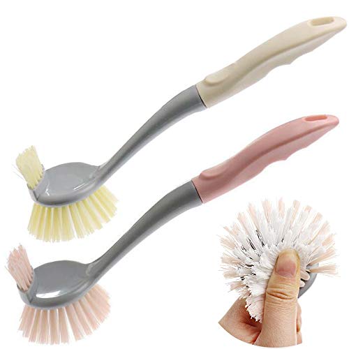 Dearjana Dish Scrubber Brushes, Dish Cookware and Vegetable Brush with Durable Bristles, 2 Sided Dish Brush for Sink Kitchen Pot Pan Plate Cleaning, All Purpose Scrub Brush(Pink and Beige)