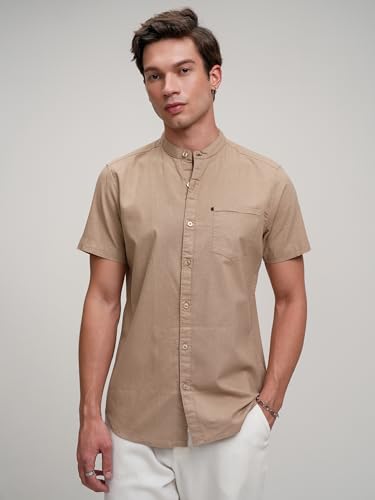 Image of Highlander Men's Casual Shirt | Solid | Slim Fit | Short Sleeves | Versatile Beige Hue a Sleek Look