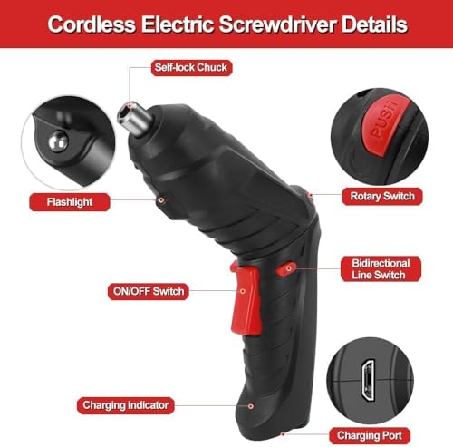 Image of Rechargeable Cordless Electric Screwdriver Kit 47 in 1 with LED Light, 4.2V Lithium Battery, 90 Pivoting Handle, Flexible Shaft & Carry Case for DIY Home Repairs