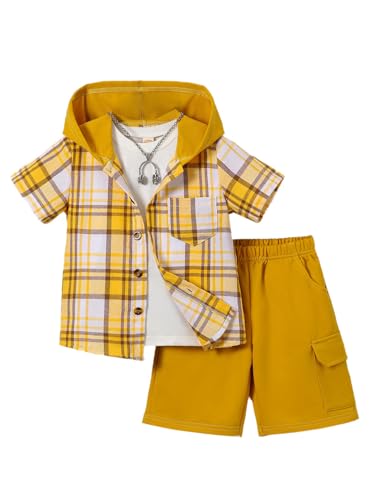 Image of Boys 2 Pieces Clothing Shorts Set Short Sleeve Plaid Button Down Shirt and Cargo Shorts Set 4-12Y