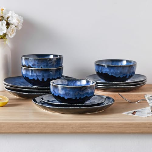 Image of vancasso Starry 12 Pieces Dinnerware Set, Plates and Bowls Set for 4, Stoneware Plates Set, Dishwasher and Microwave Safe, Blue