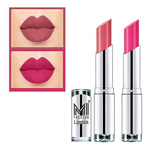MI Fashion Rich Colors Crme Matte Smooth Lipstick Combo Made in India Long Lasting Set of 2 (Metallic Nude, Pink)