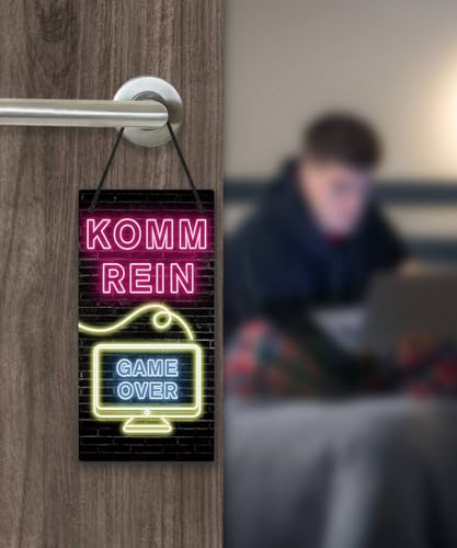 Putuo Decor PVC Gamer Türschild Ich zocke/Komm rein – Beidseitiges Schild im Neon-Design für Zockerzimmer oder Streaming-Raum