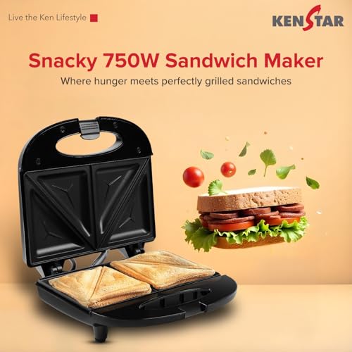 Image of Kenstar SNACKY 750W Sandwich Maker | Non-Stick 2-Slice Grill Plates | Cool-Touch Body & Auto Cut-Off | Black