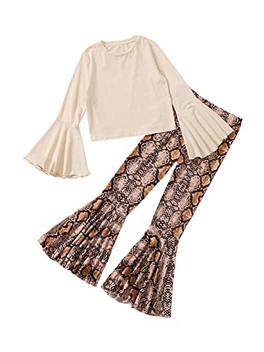 Image of WDIRARA Girl's 2 Piece Flounce Sleeve Top and Leopard Print Bell Leg Bottom Pants Set Multicolored 11-12Y